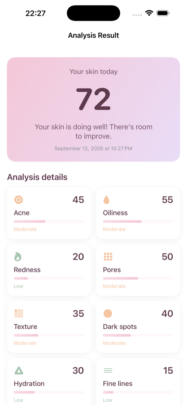 Glowy+ AI face analysis screen