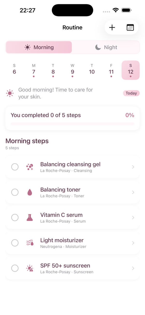 Glowy+ morning and evening routine screen