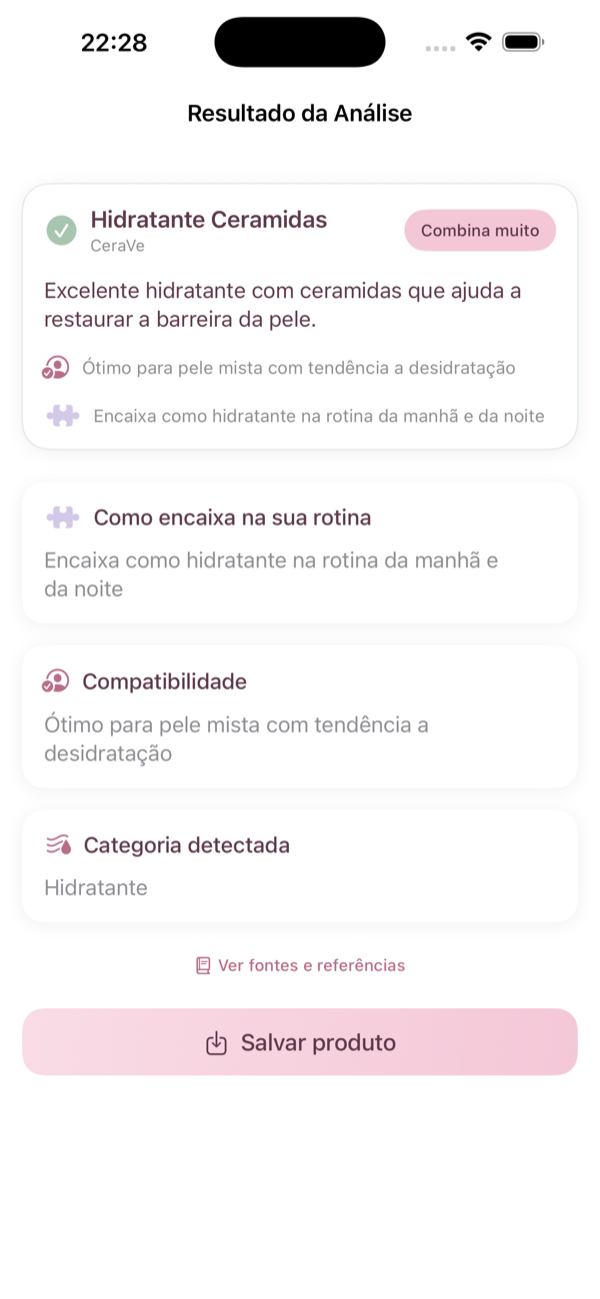 Tela do scanner de produto do Glowy+ mostrando o veredito e a análise dos ingredientes